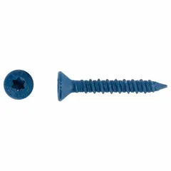 Flat-head concrete screw anchor for fastening fixtures, brackets, and equipment into concrete, brick, or block. Steel construction with Torx drive for secure torque transfer and flush mounting. 1/4 in diameter, inch system, supplied in a 100-pack.