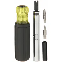 This multi-bit punchdown screwdriver combines a 66 and 110 punchdown blade for terminating and cutting wires on telecom blocks. The 8-in-1 tool features a cushion grip for comfortable use during network and telecommunications installations.
