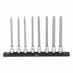 This 25-piece ball hex bit socket set features a 3/8 in drive and an overall length of 8 in. It includes 8 pieces covering hex sizes from 3 mm to 10 mm. Designed for driving hex fasteners in tight or angled spaces, it is suitable for automotive repair, machinery maintenance, and assembly work.
