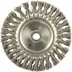 Twisted stainless steel wire wheel brush with 6" diameter and 1/2" width. Features a 5/8"-11 threaded arbor for mounting. Designed for heavy cleaning of contoured stainless steel surfaces, removing rust, scale, and weld splatter in industrial fabrication and maintenance applications.