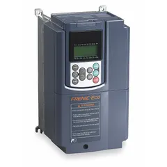 The FUJI ELECTRIC FRENIC Mega drive model FRN0003G2S-4GU is a compact, heat-sink-style variable frequency drive with a black/blue/gray enclosure. It accepts single or three-phase input and delivers three-phase output at 1 hp, with no bypass. This drive is used to control motor speed in industrial applications such as conveyors, pumps, and fans.