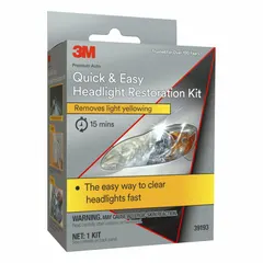 This headlight lens cleaner is supplied in a white box container. It includes a 3M Trizact Refining Disc for polishing. Used to clean and restore clarity to cloudy or yellowed automotive headlight lenses.