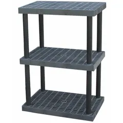 This fixed press-fit stationary shelving unit features a plastic frame and high density polyethylene shelves, providing corrosion resistance for storage in environments where moisture or chemicals are present. With three shelves, a 36 in x 24 in footprint, and a 51 in overall height, it is suited for industrial storage applications such as cleanrooms and washdown areas.
