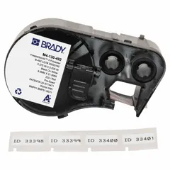 Thermal transfer precut label roll cartridge containing 220 rectangular cryogenic polyester labels sized 3/8 in x 53/64 in. Designed for 0.5 mL vial and tube identification. Integrates label and ribbon into a single unit for one-step printing with BMP51 printers.