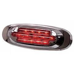 LED clearance light with red lens, round surface mount design, and pigtail electrical connection. Features hole mount type, SAE PC lens code, and IP67 rating for dust and water ingress protection. Used on trailers, trucks, and heavy equipment to indicate vehicle width and height.