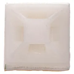 Natural adhesive mount cable tie base measuring 0.75 in length, 0.75 in width, and 0.19 in height. Features a 0.05 in slot height and is designed for use with cable ties of 18 to 51 lb tensile strength. Suitable for securing cables in electrical panels, control cabinets, and wiring applications. Sold in packs of 100.