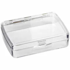 This clear plastic single-compartment box is used for organizing small parts such as hardware, craft supplies, or electronic components. The transparent body allows quick visual identification of contents. It is not electrostatic discharge conductive and is not intended for static-sensitive environments.