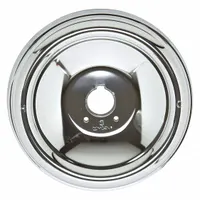 Chrome-finished circle trim plate designed to cover the wall opening around bathtub and shower faucets. Provides a finished appearance and helps protect the wall from moisture. Suitable for use as a trim and cover plate in residential or commercial plumbing installations