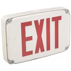 Red LED exit sign with white plastic housing, rated for wet locations. Operates on 120/277 V AC without battery backup. Single-face design for ceiling mounting. Suitable for areas exposed to moisture such as covered walkways or parking garages.