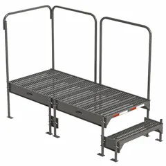 This stationary, indoor steel platform has an adjustable height up to 18 inches and a load capacity of 500 lb. It includes handrails and measures 34.6 x 76.8 inches with a left exit direction. Suitable for providing a stable elevated work surface in industrial settings.