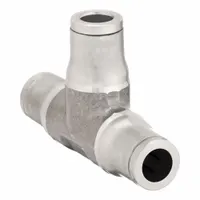 This LEGRIS tee fitting is made of stainless steel with a silver finish, featuring three ports for 5/32 in OD tubing. It is used to create a branch connection in pneumatic tubing systems, enabling a T-configuration for distributing airflow or fluids. Typical applications include industrial automation and packaging equipment where corrosion resistance is required