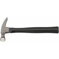 Steel straight claw hammer with a 16 oz head and 13 in overall length. Features a wood handle with textured grip and smooth face. Double wedge head-to-handle assembly ensures secure attachment. Suitable for driving and pulling nails in general construction and carpentry