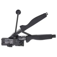 Metal adjustable-tension tool for installing stainless steel cable ties with a width range of 0.18 in to 0.25 in. Features pre-set steps for tension adjustment and a cushion grip handle. Suitable for ties with tensile strength of 180 to 225 lb. Used for bundling cables or hoses in industrial, electrical, and telecommunications applications.