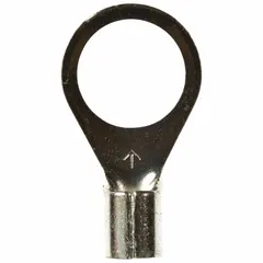 Non-insulated ring terminal rated for 1000 V, with brazed barrel and seam construction. Accommodates 12 AWG to 10 AWG wire and fits a 3/8 in stud. Suitable for power distribution, control panels, and heavy equipment wiring.
