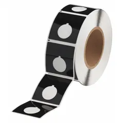 Precut polyester label roll with black gloss finish, sized for raised push button panels. Each roll contains 250 labels measuring 2 13/32 x 2 13/32 inches. Compatible with i7100 printer series for on-demand printing. Suitable for industrial control panel identification.