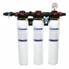 This water filter system is designed for drinking fountains and beverage machines. It uses activated carbon media to reduce chlorine taste. The unit has a 15 gpm flow rate, 162,000 gallon capacity, and NPT connections. Overall height is 5 inches, overall diameter is 24 3/4 inches.
