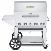 This wheeled natural gas grill features 5 burners with a total heating capacity of 79,500 BtuH. It has an overall height of 52 inches, weighs 191 lb, and accommodates one 20 lb tank. Suitable for outdoor cooking applications such as grilling meats and vegetables