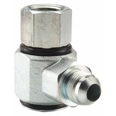 Zinc-plated steel 90-degree swivel fitting with a 1 1/16 in male JIC inlet and a 3/4 in female NPTF outlet. Nitrile seal material. Maximum operating pressure 3,000 psi. Used in hydraulic systems to connect hoses or tubes at a right angle while allowing rotation to reduce assembly stress.