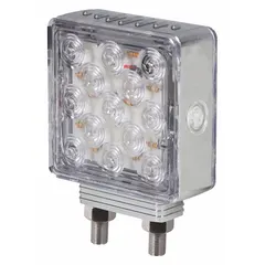 This LED turn signal light features a clear square lens and a 4 1/2 in overall height. It is designed for permanent installation with blunt cut wires and meets SAE J222 standards. Used on trailers, trucks, and heavy equipment to indicate turning direction.