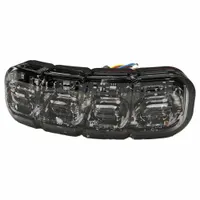 Rectangular LED warning light with amber/red output, 1/2 in overall width. Operates on 12-24V DC and offers 69 selectable flash patterns. Includes bezel for two-bolt mount, blunt cut wires, and bracket mounting. Used on service trucks, utility vehicles, and construction equipment to alert nearby personnel in work zones