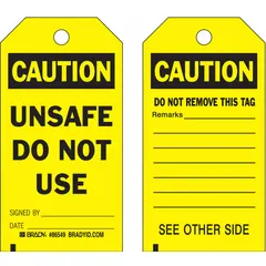 Set of 10 black caution tags with cable-tie fasteners for lockout tagout procedures. Each tag provides a visual warning that equipment is under maintenance and must not be operated. Suitable for industrial safety applications where secure attachment to machinery or controls is required.