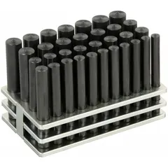 This 33-piece transfer punch set is used to accurately mark hole locations from an existing pattern onto a workpiece. Punches range up to 1-1/2 in and include a 57/64 in size. The set features a plain grip and is stored in a box with a metal stand for organization. Typical applications include metalworking, machining, and fabrication layout work.