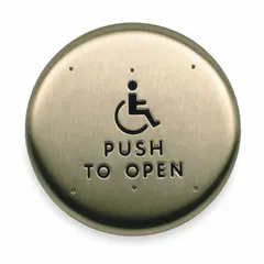 This push-to-exit button is constructed of stainless steel with a gray finish. It measures 6 inches in width and 1 1/2 inches in depth, and is ADA compliant for accessible egress. Suitable for use in commercial facilities where a simple push-button exit operation is required.