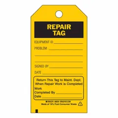 Black/yellow rectangular polyester tag, 3 in wide by 5 3/4 in high, not laminated, rated for indoor/outdoor use. Supplied as a 10-pack. Used to mark equipment or machinery that is out of service and awaiting repair, providing high visibility in industrial environments.
