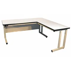 This PRO-LINE L-shaped workbench features a laminate top measuring 72 inches by 30 inches in a beige finish. It has a fixed height and an overall load capacity of 750 lb. Suitable for industrial assembly, testing, packaging stations, and other material handling applications requiring a durable work surface.