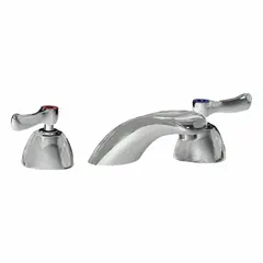 This widespread handle bathroom faucet is constructed from cast brass with a polished chrome finish. It has a flow rate of 1 gpm and includes mounting hardware. Suitable for use with bathroom sinks in commercial and residential settings.