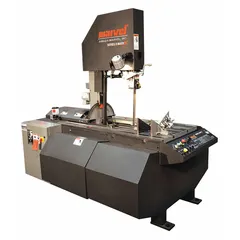 Vertical band saw with 18-inch throat depth, blade speeds from 50 to 450 SFPM, and head tilt from 60° left to 60° right. Powered by an 11.6 A, 3-phase motor. Used for miter cutting structural steel, pipe, and bar stock in fabrication and maintenance operations.