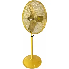 This HESSAIRE industrial pedestal fan features a 30-inch blade diameter and a 1/2 hp motor, operating on 115V AC single-phase power. It offers two speeds and is non-oscillating, designed for circulating air in large spaces such as warehouses, factories, and workshops.
