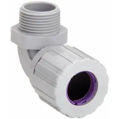 This 90° plastic cable grip with a 3/4 in MNPT box connection accepts cord diameters from 0.75 in to 0.88 in. The gray nylon body and orchid color-coded grommet provide an IP66 liquid-tight seal. Suitable for terminating and sealing flexible conduit or cable at electrical enclosures in Class I, Division 2 hazardous locations.