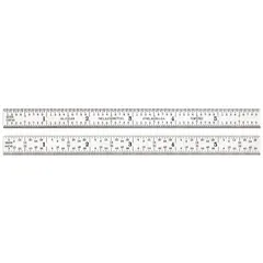 48-inch rigid steel rule with satin chrome finish and black etched markings. Graduated in 1/100-inch and 1/64-inch increments. 0.1 inch thick. Suitable for linear measurement in machining, fabrication, and inspection tasks.
