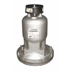 Pulsation dampener with stainless steel and Santoprene construction, featuring a 1 1/2 in NPT inlet. Reduces pressure spikes and vibration in fluid handling systems, protecting downstream equipment. Suitable for industrial pumping applications requiring smooth, consistent flow.