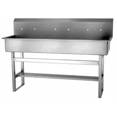 Three-station freestanding wash station constructed from 16-gauge material. Features a 57-inch bowl length, 8-inch bowl depth, and six faucet holes. Side splash not included. Suitable for commercial handwashing applications in high-traffic areas.