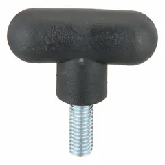 This T-handle knob features a plastic body with a steel threaded stud for manual clamping, positioning, and adjustment on industrial machinery, jigs, and fixtures. Thread size is 3/8"-16 with a 1 in thread length.