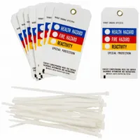 White polyester safety tag, rectangle shape, 5-3/4 in high by 3 in wide, 0.01 in thick, not laminated. Includes 25 nylon ties for secure attachment. Used for lockout/tagout, equipment identification, and hazard warnings on valves, switches, and machinery in industrial environments