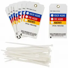 White polyester safety tag, rectangle shape, 5-3/4 in high by 3 in wide, 0.01 in thick, not laminated. Includes 25 nylon ties for secure attachment. Used for lockout/tagout, equipment identification, and hazard warnings on valves, switches, and machinery in industrial environments.