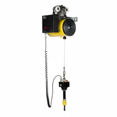 Air-powered cable balancer with manipulator controls for precise load positioning. Provides 24 in/sec lift speed and 6 21/32 ft lift length. Features NPT air inlet. Used in assembly and material handling for lifting and balancing suspended loads.