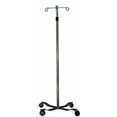 Standard IV pole constructed from stainless steel for corrosion resistance. Features four legs and four hooks for hanging IV fluid bags. Suitable for use in medical facilities such as hospitals and clinics.
