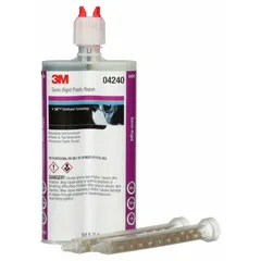 Two-part urethane adhesive supplied in a 200 mL dual-cartridge format. Black paste cures to a black finish. Includes resin and hardener components. Used for bonding and repairing semi-rigid plastic parts in industrial maintenance and repair applications.