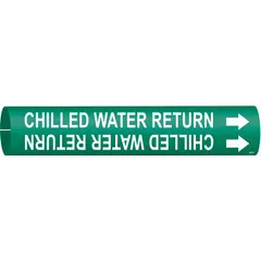 Green pipe marker with white legend reading 'Chilled Water Return' and flow-direction arrows. Fits pipe outer diameters from 1-1/2 to 2-3/8 inches. Supplied as a single snap-on marker for identifying chilled water return lines in HVAC and industrial piping systems.