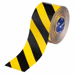 This extra-durable floor marking tape features a black/yellow striped pattern for high-visibility safety warnings. The 22 mil thick polyester backing provides long-lasting performance in industrial environments. Suitable for marking aisles, hazards, and storage areas.