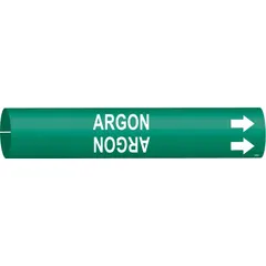 This snap-on pipe marker identifies argon gas lines in industrial piping systems. It features a green background with white legend text and includes directional arrows. Designed to fit pipe outer diameters of 4 to 6 inches, it is supplied as a single marker.