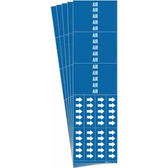 Blue adhesive pipe marker with white legend 'Air' for identifying compressed air or pneumatic lines. Fits pipes with outside diameter of 3/4 in and smaller. Each pack contains 3 markers with directional arrows. Sold in a 5-pack quantity.