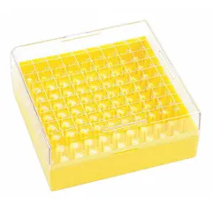 This resin freezer box is designed for organizing and protecting samples in laboratory or industrial freezer environments. It measures 130 mm in overall length and 130 mm in overall width, providing a durable and lightweight solution for low-temperature storage.