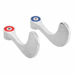 This metal wristblade handle is designed for hot/cold water temperature control. It features a polished chrome plate finish and includes a blue index button. Suitable for use in commercial and institutional settings such as hospitals, laboratories, and public restrooms where wristblade operation is preferred.