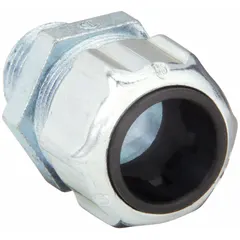 Straight metallic cable grip with 1/2 in MNPT box connection, accommodating cord diameters from 0.50 in to 0.75 in. Constructed with a silver steel body and overall length of 1 3/4 in. Used to secure and seal electrical cables entering junction boxes or enclosures in industrial wiring applications.