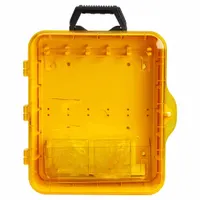 Unfilled lockout station for organizing lockout/tagout devices during equipment maintenance. Made of polypropylene with a closed cover and clear door/window for content visibility. Includes one device bin, wall-mountable and portable. No padlocks included